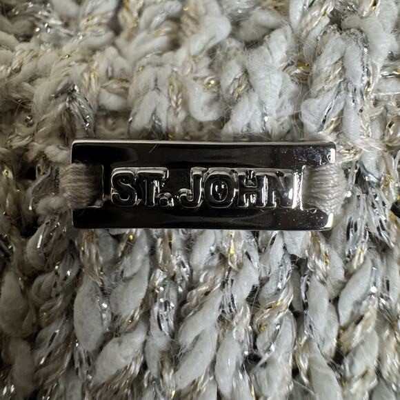 ST.JOHN Women’s Knit Cardigan Jacket Sweater P Petite Beige Metallic Fringe Trim - Picture 11 of 11